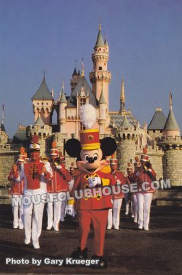 Stan Freese and Mickey Mouse lead the Disneyland Band, Disneyland postcard photo by Gary Krueger